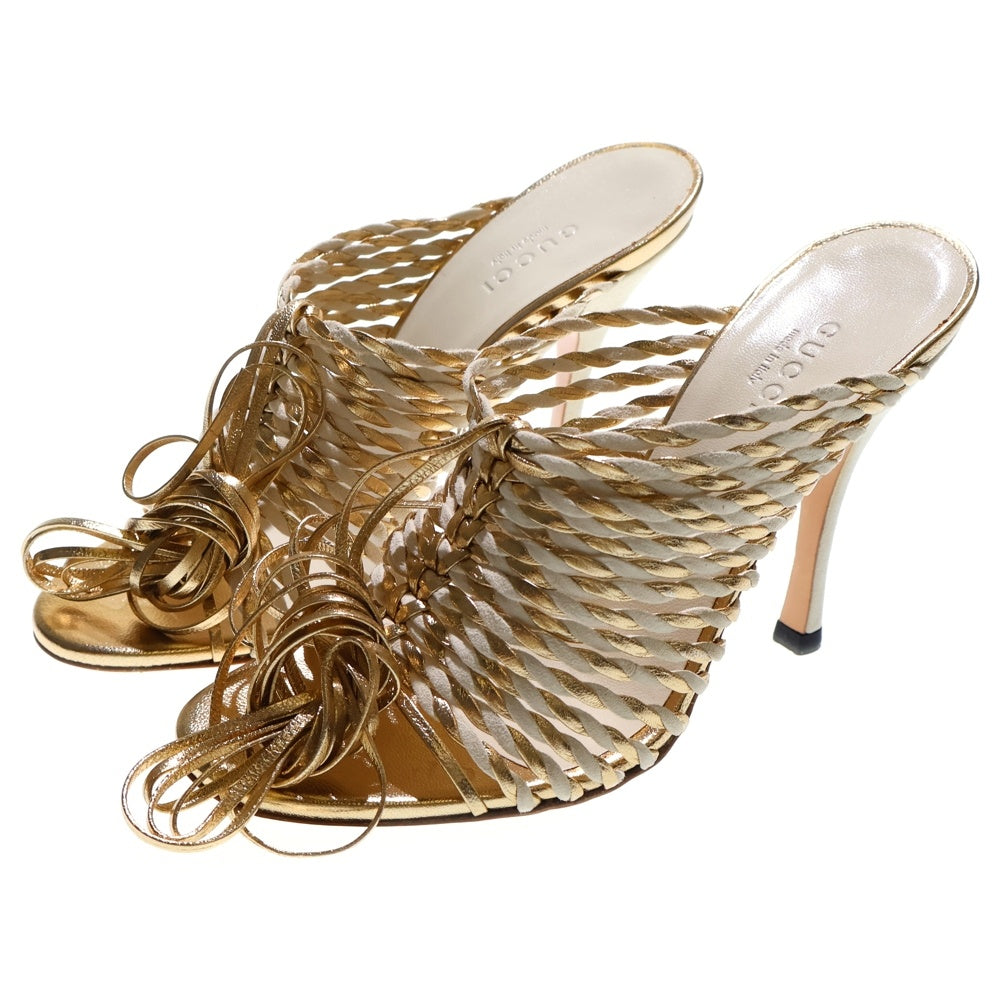 GUCCI(グッチ) スウェード切り替え レースアップ レザーサンダル バレエシューズ レディース ゴールド/ホワイト