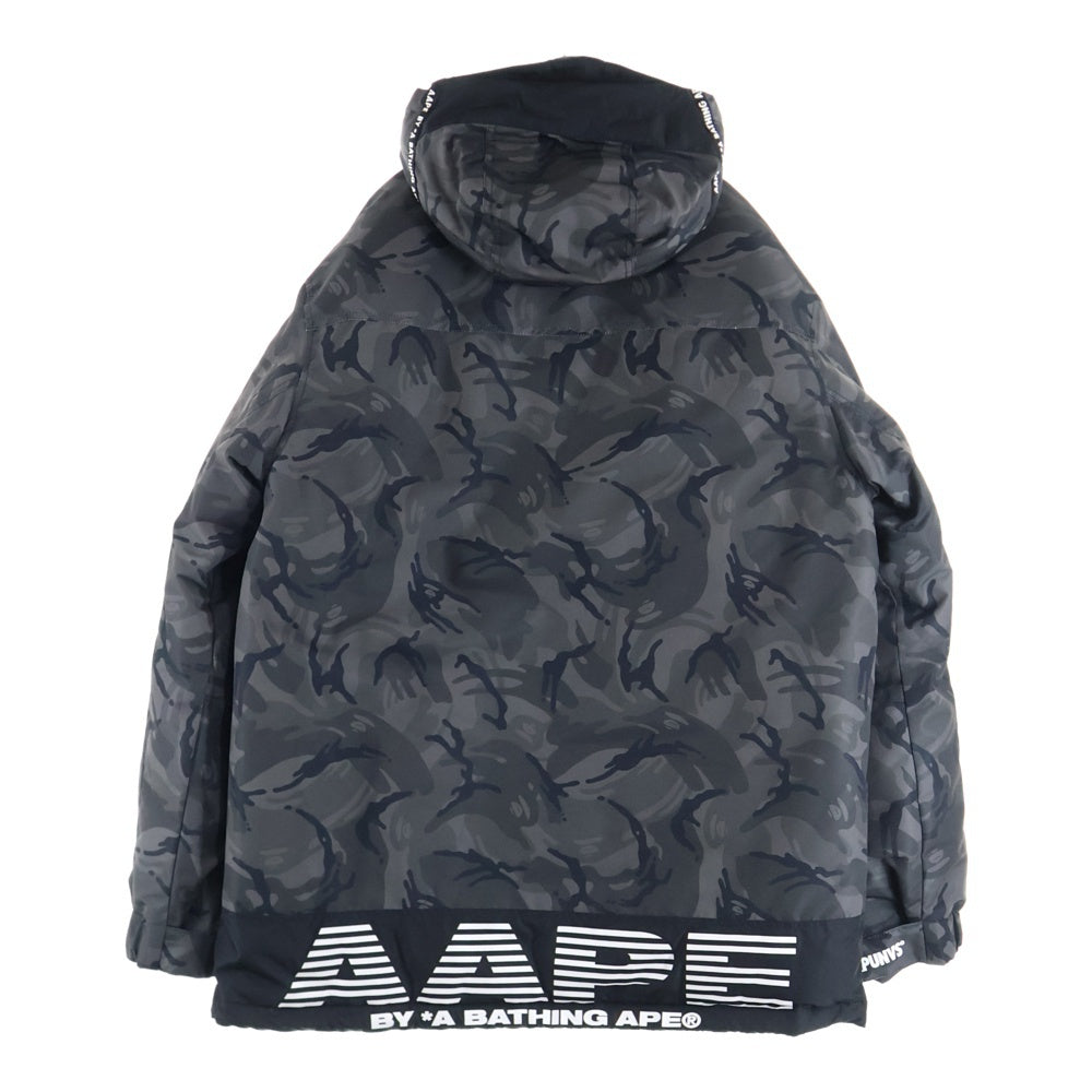 A BATHING APE(アベイシングエイプ) LOGO HOODED PUFFER JACKET GREY COMBO ロゴデザイン カモ柄 フーデッド ジップアップ ダウンジャケット ブラック AAPDNM7299XAD