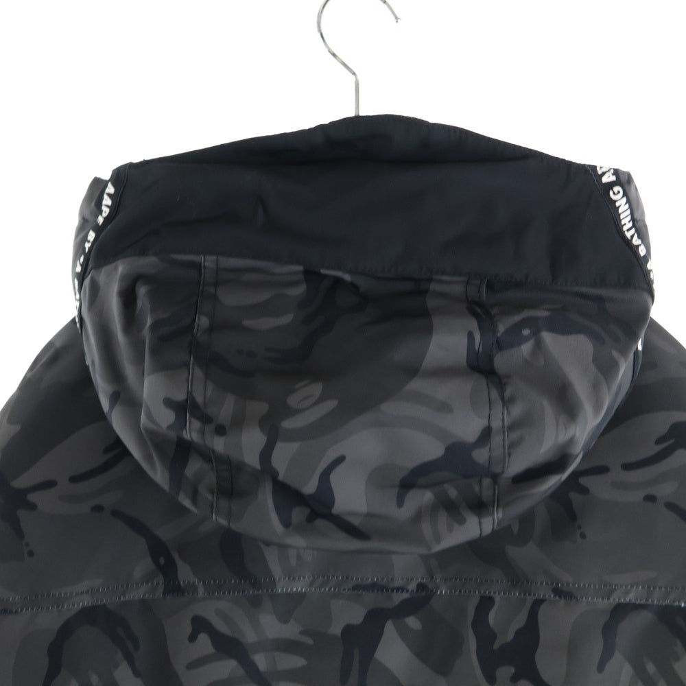 A BATHING APE(アベイシングエイプ) LOGO HOODED PUFFER JACKET GREY COMBO ロゴデザイン カモ柄 フーデッド ジップアップ ダウンジャケット ブラック AAPDNM7299XAD