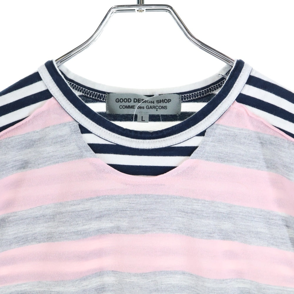 GOOD DESIGN SHOP COMME des GARCONS(グッドデザインショップ コムデギャルソン) AD2013 ドッキングボーダー コットン クルーネック 七分袖Tシャツ カットソー ネイビー/ホワイト/ピンク IK-T018
