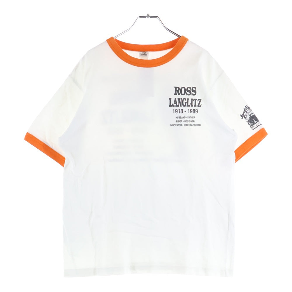 Langlitz Leathers(ラングリッツレザーズ) ROSS LANGLITZ カナダ製 両面プリント 半袖リンガーTシャツ ホワイト/オレンジ
