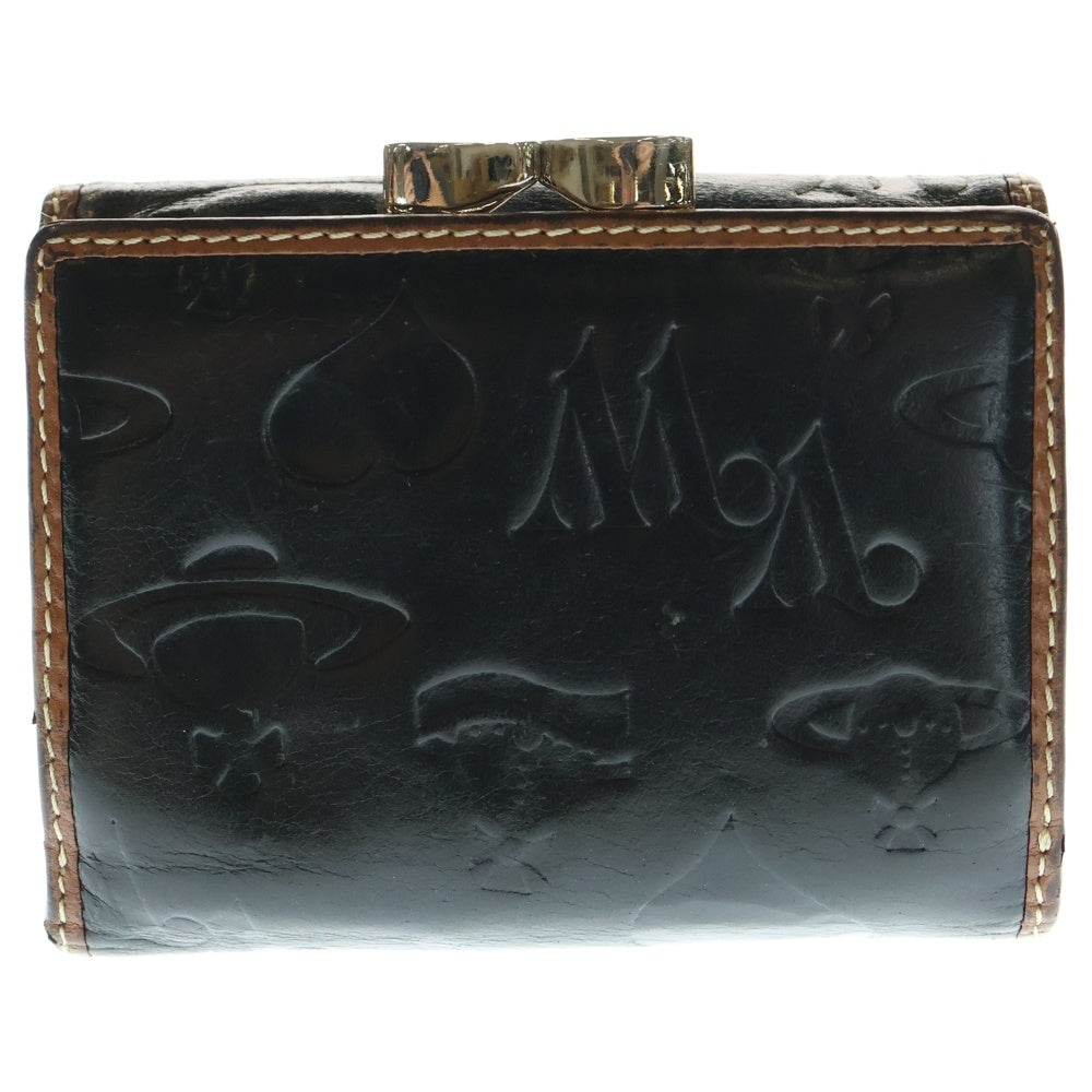 Vivienne Westwood(ヴィヴィアンウエストウッド) アウトサイドステッチ オーブロゴプレート レザー 三つ折り コンパクトウォレット 財布 ブラック/ブラウン