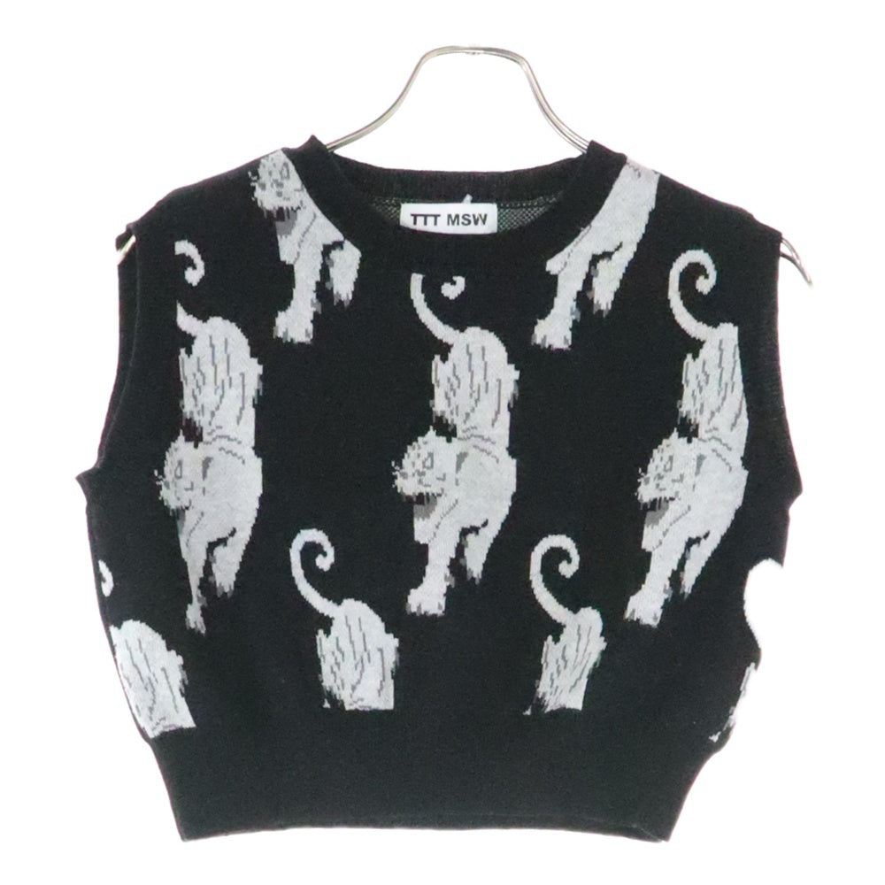 TTT_MSW(ティーモダンストリートウェア) PANTHER KNIT VEST パンサー 総柄 Vネック ニット ベスト レディース ブラック TTT-2021AW-KT04