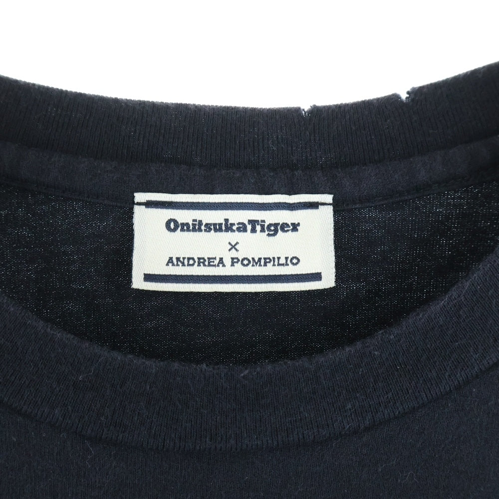 Onitsuka Tiger(オニツカタイガー) ×ANDREA POMPILIO アンドレア・ポンピリオ フロントタイガーデザイン ダメージ加工 クルーネック カットソー 半袖Tシャツ ブラック OKT125