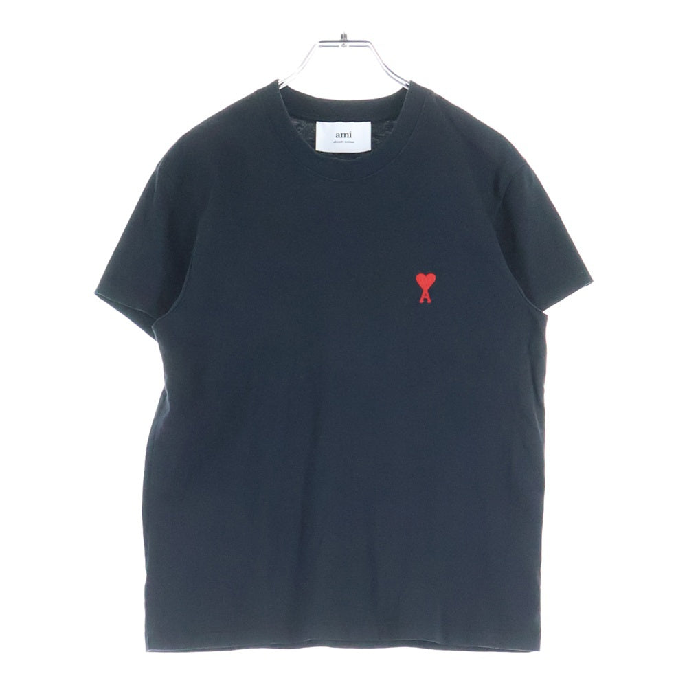 AMI Alexandre Mattiussi(アミアレクサンドルマテュッシ) ハートロゴ刺繍 クルーネック コットン 半袖Tシャツ カットソー ブラック レディース BFUTS001.724