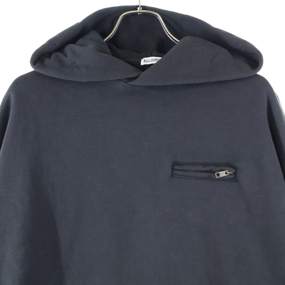 WILLY CHAVARRIA(ウィリーチャバリア) 胸ジップポケット カンガルーポケット フーデッド スウェット パーカー ブラック