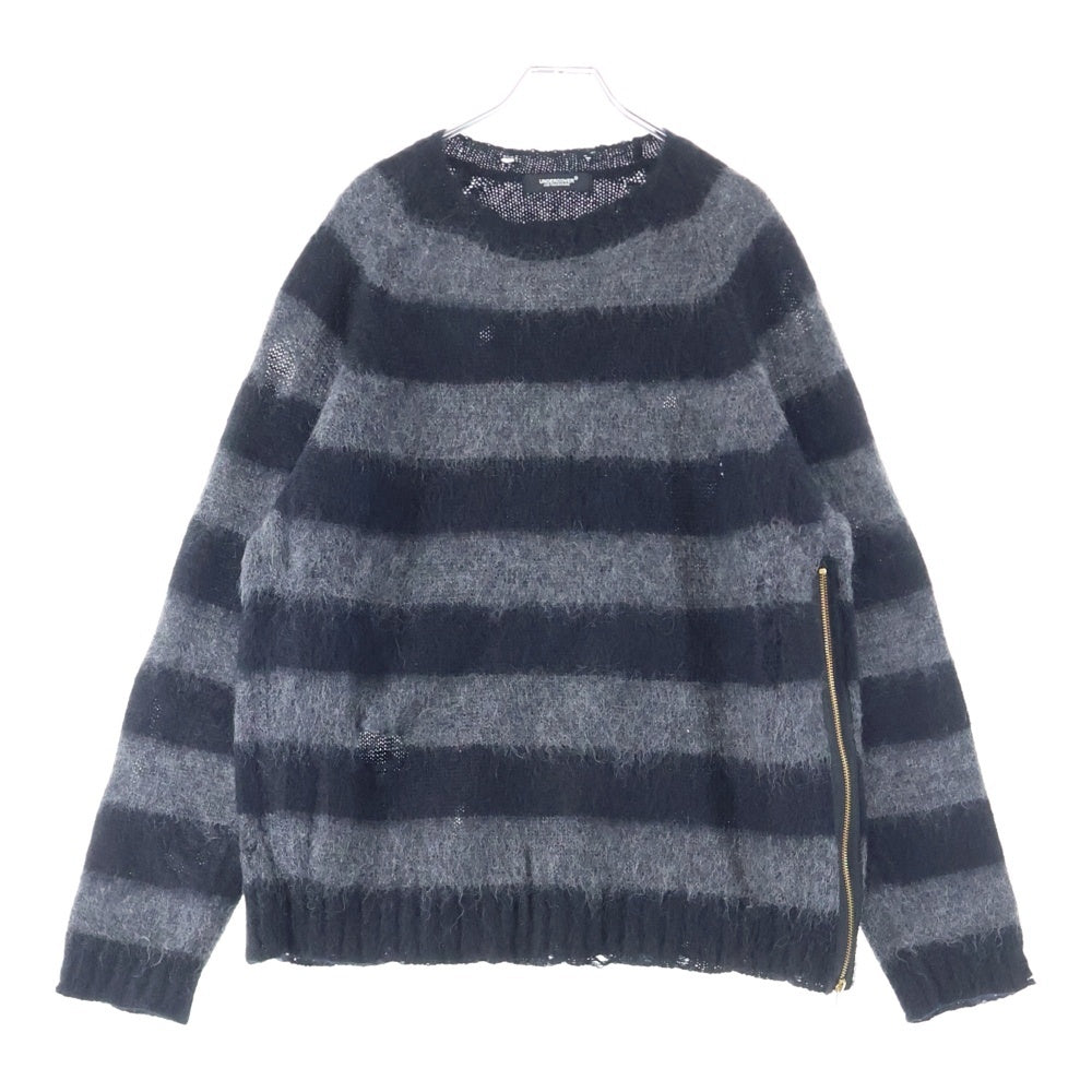 UNDERCOVER(アンダーカバー) モヘヤ混 サイドジップ ダメージ ボーダー クルーネック ニットセーターブラック/グレー UC2B9903-2