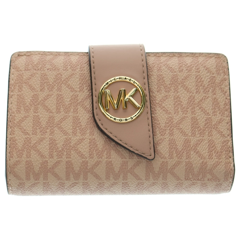 MICHAEL KORS(マイケルコース) GREENWICH ロゴプレート シグネチャー モノグラムキャンバス コンパクトウォレット 二つ折り財布 ピンク 32H1GGRE8B