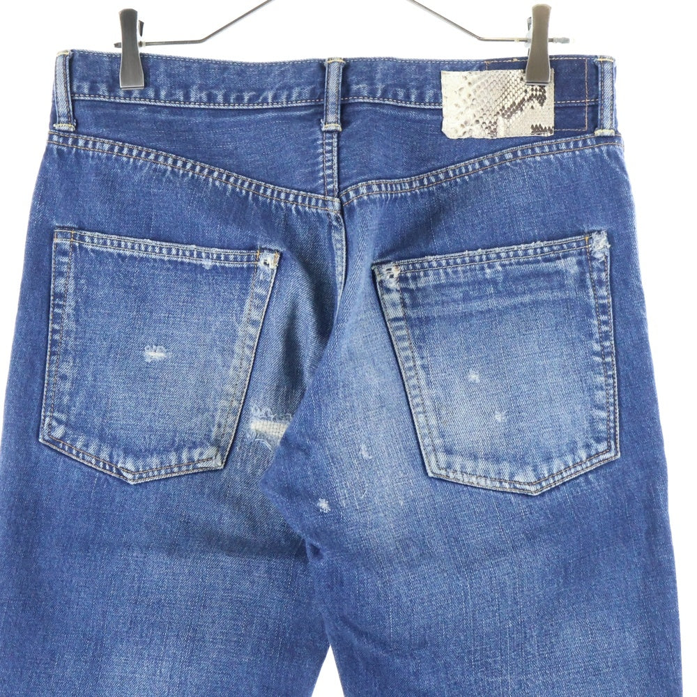 VISVIM(ヴィスヴィム) FLUXUS 03D5 SERGE DE NIMES パイソンパッチ ダメージ加工 ストレート デニムパンツ インディゴ