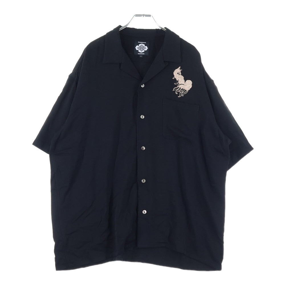 BUDSPOOL(バッズプール) ×GAKKIN 白墨狐 EMBROIDERY 50'S SHIRT ガッキン アート エンブロイダリー オープンカラー 半袖シャツ ブラック