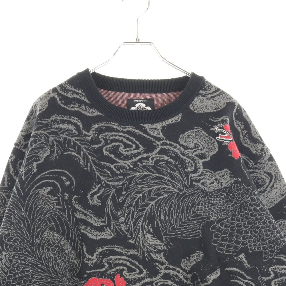 BUDSPOOL(バッズプール) ×GAKKIN 渦軍鶏 COTTON KNIT JACQUARD ガッキン コットン ジャガード クルーネック ニット セーター ブラック