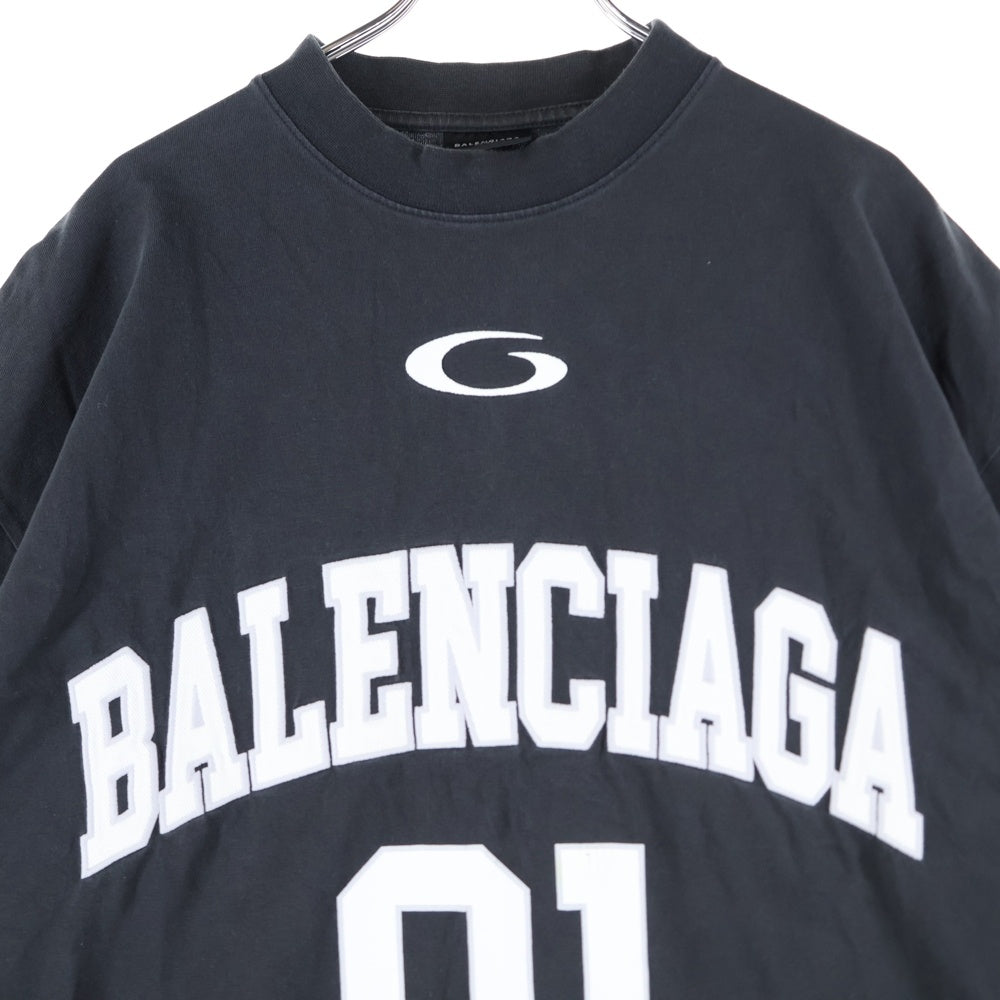 BALENCIAGA(バレンシアガ) 25SS BASKETBALL SERIES バスケットシリーズ ロゴ刺繍デザイン クルーネック半袖Tシャツカットソー ブラック 787349 TRVW9