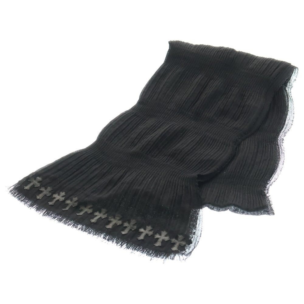 CHROME HEARTS(クロムハーツ) レザークロスパッチ カシミアシルク フリンジストール マフラー ブラック