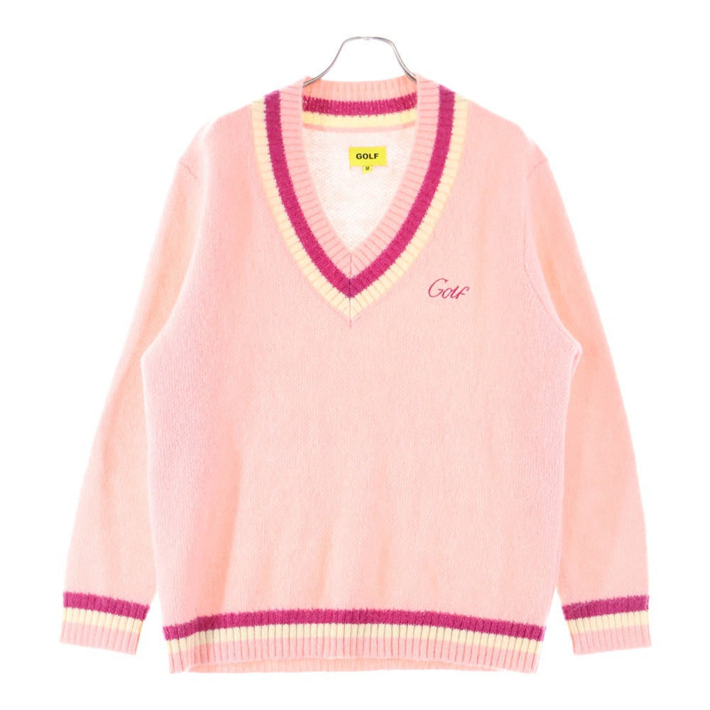 GOLF WANG(ゴルフワン) ロゴ刺繍 モヘア混 Vネック ニット セーター ピンク