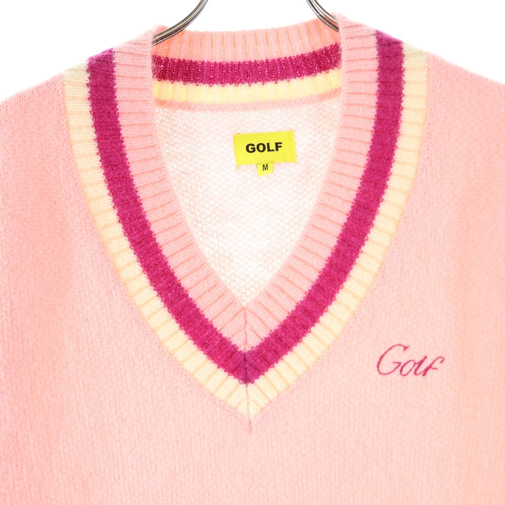 GOLF WANG(ゴルフワン) ロゴ刺繍 モヘア混 Vネック ニット セーター ピンク