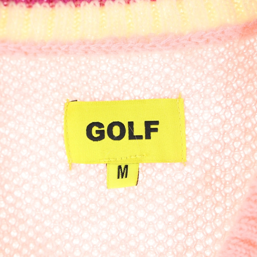 希少美品GOLFWANGゴルフワンセーター サイズM オリーブピンク GOLF WANG(ゴルフワン) ロゴ刺繍 モヘア混 Vネック ニット セーター ピンク