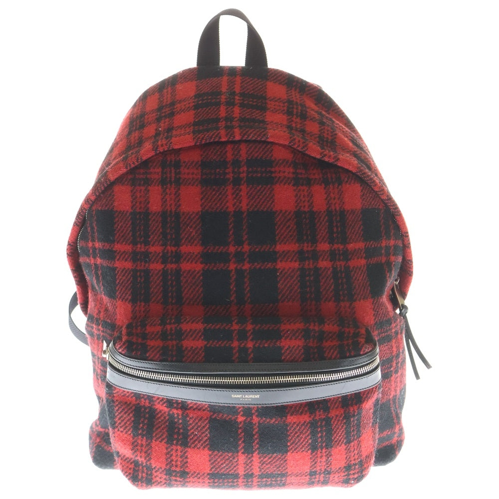 SAINT LAURENT PARIS(サンローランパリ) イタリア製 チェック柄 レザーパーツ バックパック リュックサック レッド/ブラック 326865