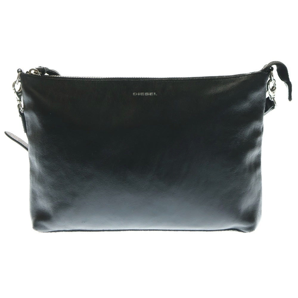 DIESEL(ディーゼル) シルバーロゴ ストラップハンドル レザー ショルダークラッチバッグ ブラック