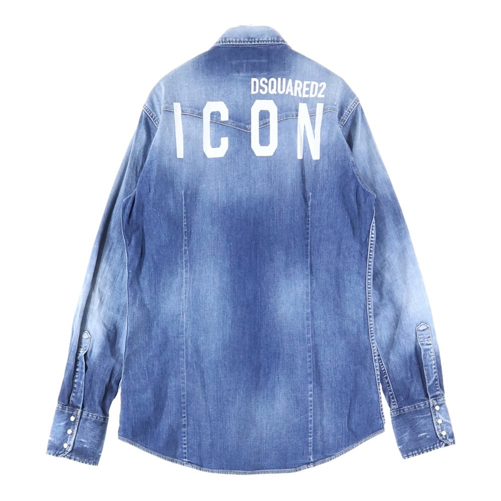 DSQUARED2(ディースクエアード) 23SS ICONプリント レギュラーカラー ロングスリーブ 長袖デニムウエスタンシャツ インディゴ S79DL0030 S30341