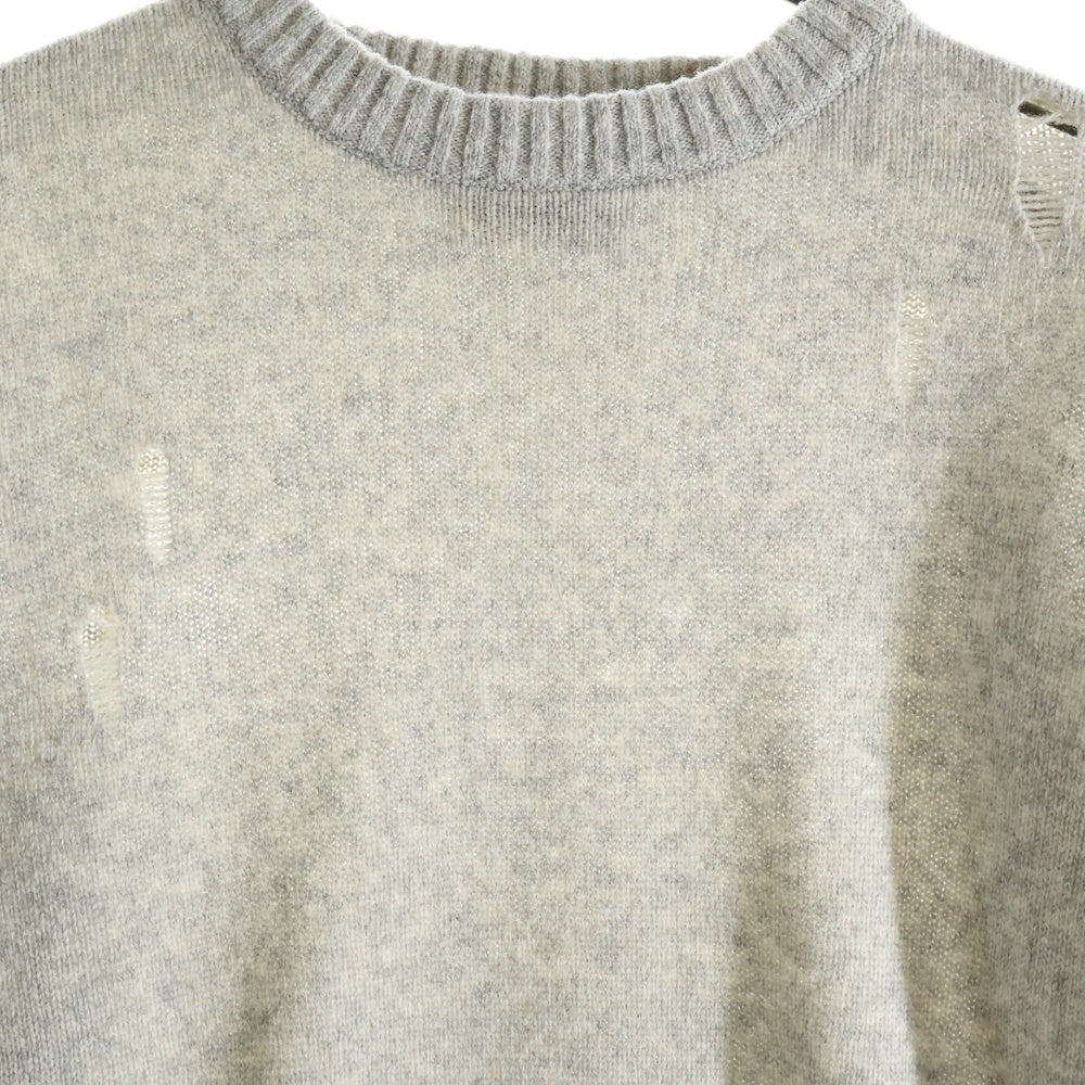 LOUNGE LIZARD(ラウンジリザード) ハイゲージ クルーネック ダメージ ニット セーター グレー