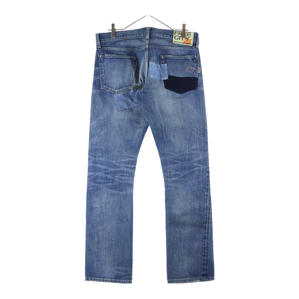 FREE CITY(フリーシティ) ボタンフライ 5ポケット パッチワークデニム パンツ インディゴ 700037-251