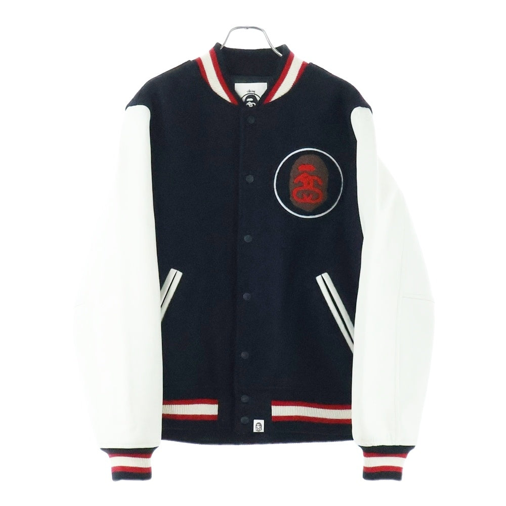 A BATHING APE(アベイシングエイプ) ×STUSSY VARSITY JACKETステューシー 胸ロゴデザインワッペン ダブルポケット バーシティージャケット スタジアムジャンパー ブラック/ホワイト 001HJ0731927X