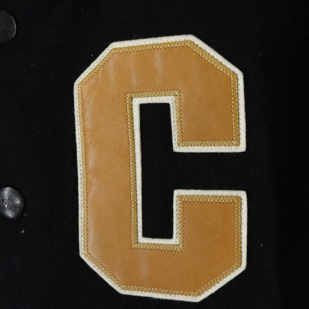 Coal Black(コールブラック) バックエンブロイダリーデザイン レザー切り替え ダブルポケット スタジアムジャンパー ファラオジャケット ブラック/ベージュ