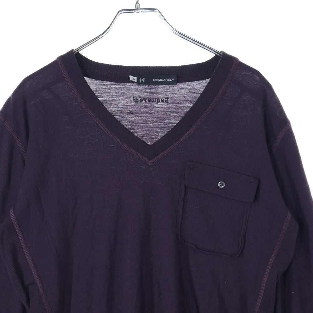 DSQUARED2(ディースクエアード) ここのえタグ 1ポケット Vネック ロングスリーブ ニットカットソー バーガンディ