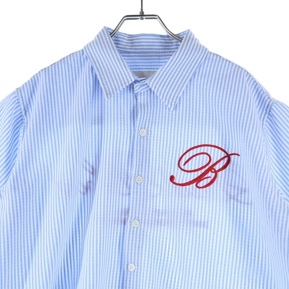 NO BRAND(ノーブランド) BADBLOOD バッドブラッド フロント刺繍 ナイロンストレッチ ストライプ柄 半袖シャツ ホワイト/ブルー