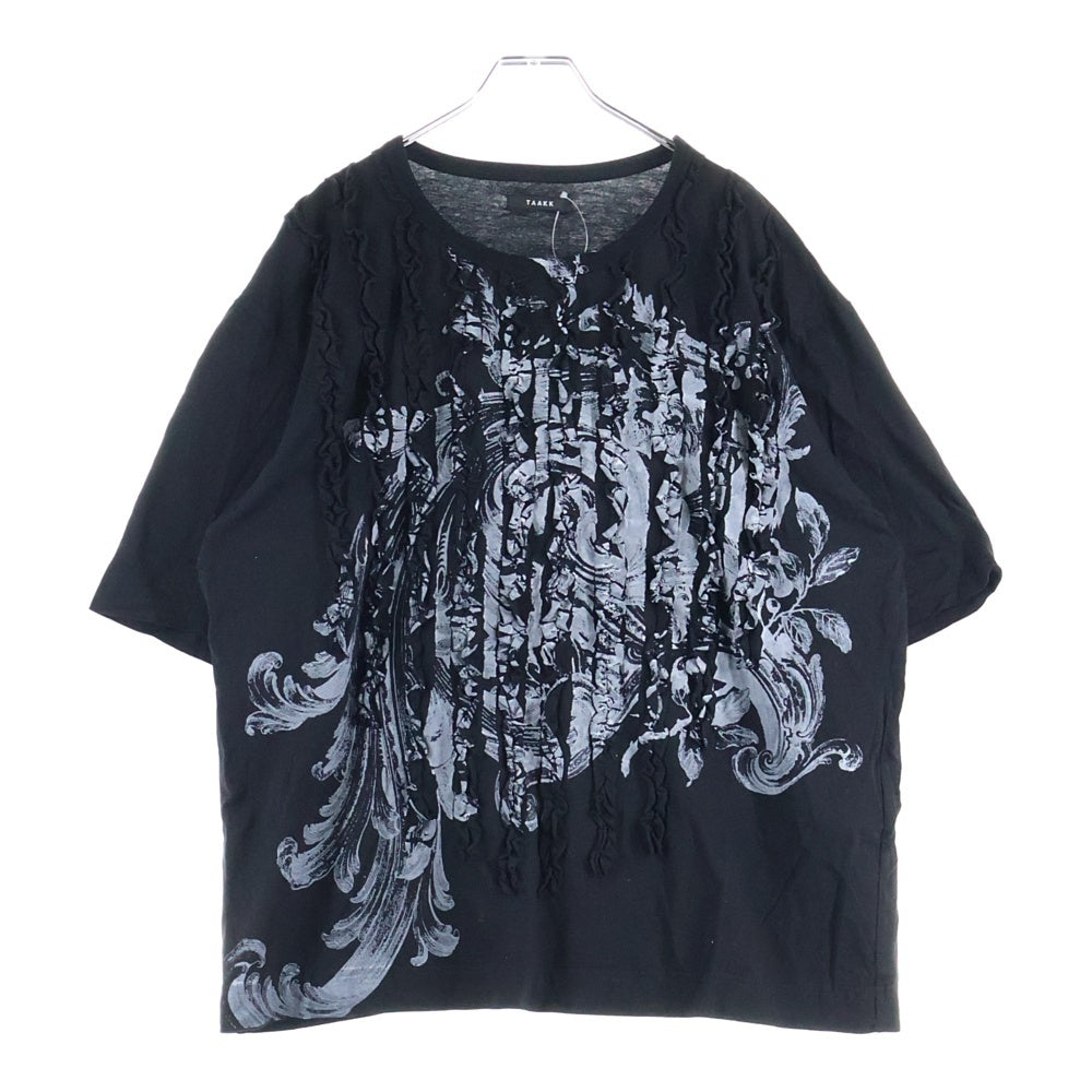TAAKK(ターク) 25SS RUFFLE PRINT T-SHIRTS フリルデザイン グラフィックプリント クルーネック 半袖Tシャツ カットソー ブラック TA25SS-JR090