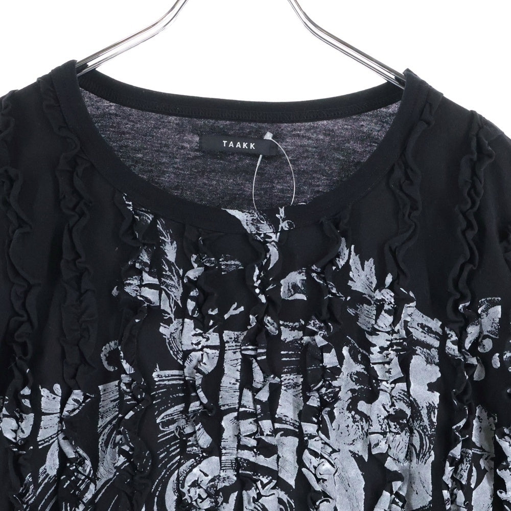 TAAKK(ターク) 25SS RUFFLE PRINT T-SHIRTS フリルデザイン グラフィックプリント クルーネック 半袖Tシャツ カットソー ブラック TA25SS-JR090
