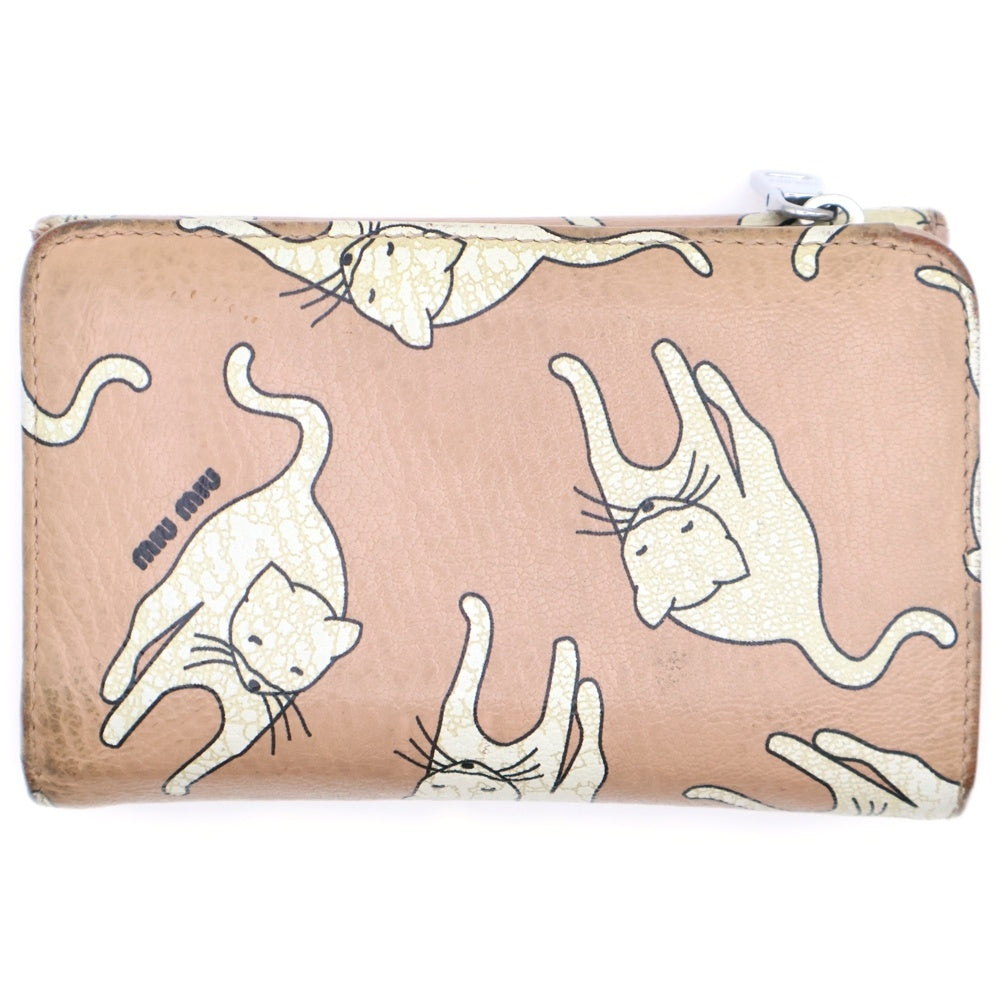 miumiu(ミュウミュウ) キャット プリント レザー ウォレット 三つ折り財布 ピンク レディース