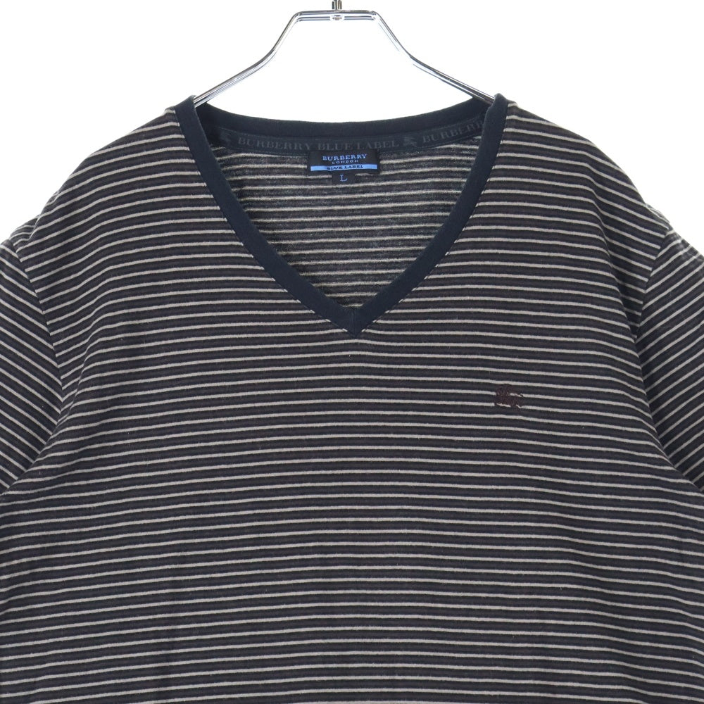 BURBERRY LONDON(バーバリーロンドン) Vネック ボーダー 半袖Tシャツ カットソー ブラウン FAK68-803-50