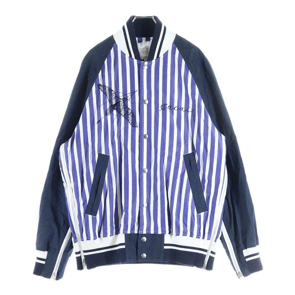 Sacai(サカイ) 19SS ×DR.WOO ドクター ウー フロントエンブロイダリーデザイン ストライプ柄 7B シャツブルゾン ブルー/ホワイト 19-01948M