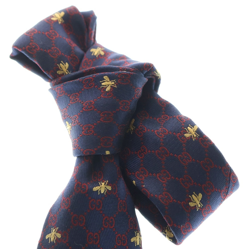 GUCCI(グッチ) BEE インターロッキングG 総柄 ネクタイ ネイビー/レッド