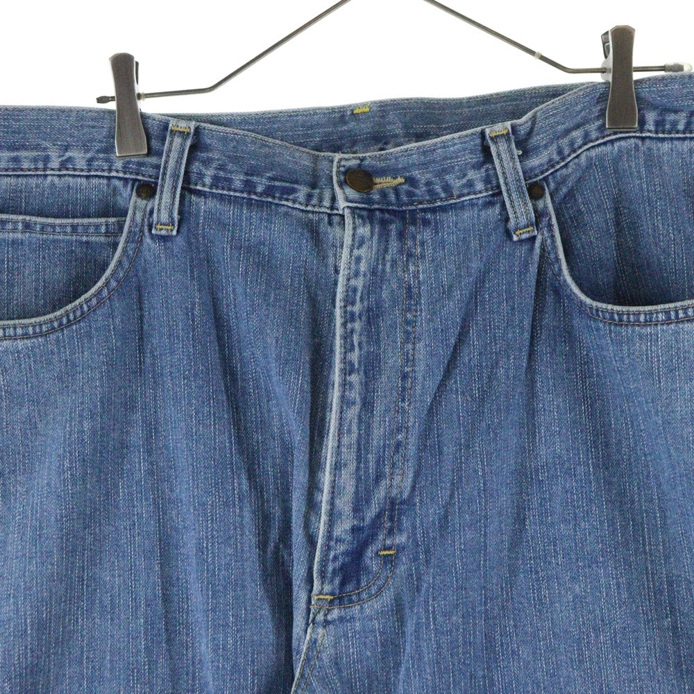 Wrangler(ラングラー) ブラウンロゴパッチ ボタンフライ ストレートデニムパンツ インディゴブルー W0383