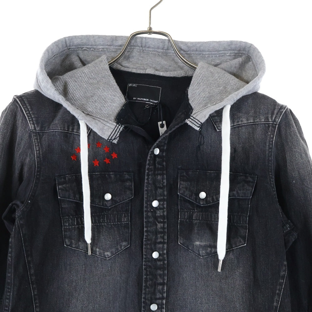 n(n) by NUMBER (N)INE(エヌエヌバイナンバーナイン) スター刺繍 フーデッド ウエスタンデニムシャツ ブラック BH3NNS002