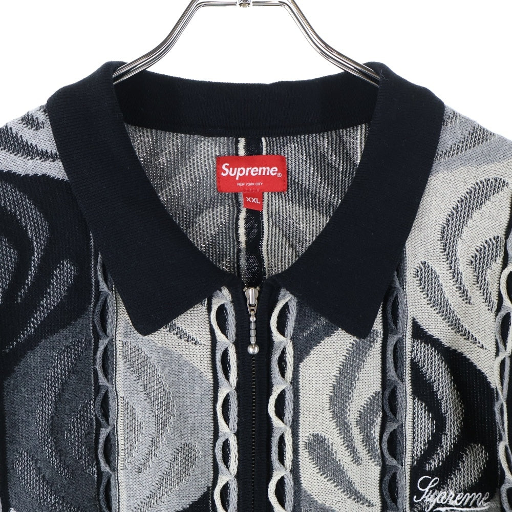 SUPREME(シュプリーム) 22SS Abstract Textured Zip Up Polo アブストラクトテクスチャー ジップアップポロ ニット半袖ポロシャツ グレー/ブラック