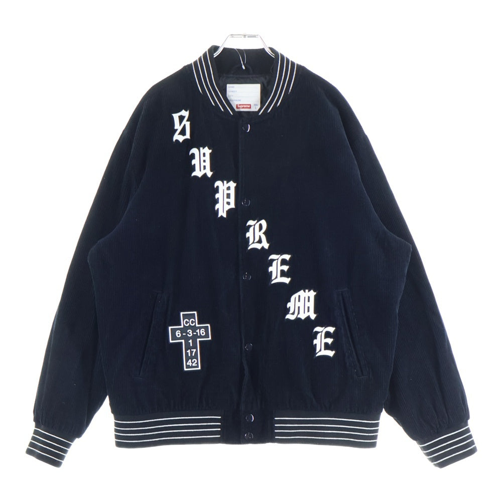 SUPREME(シュプリーム) 18SS Old English Corduroy Varsity Jacket オールド イングリッシュ ロゴ コーデュロイ バーシティジャケット スタジャン ブラック