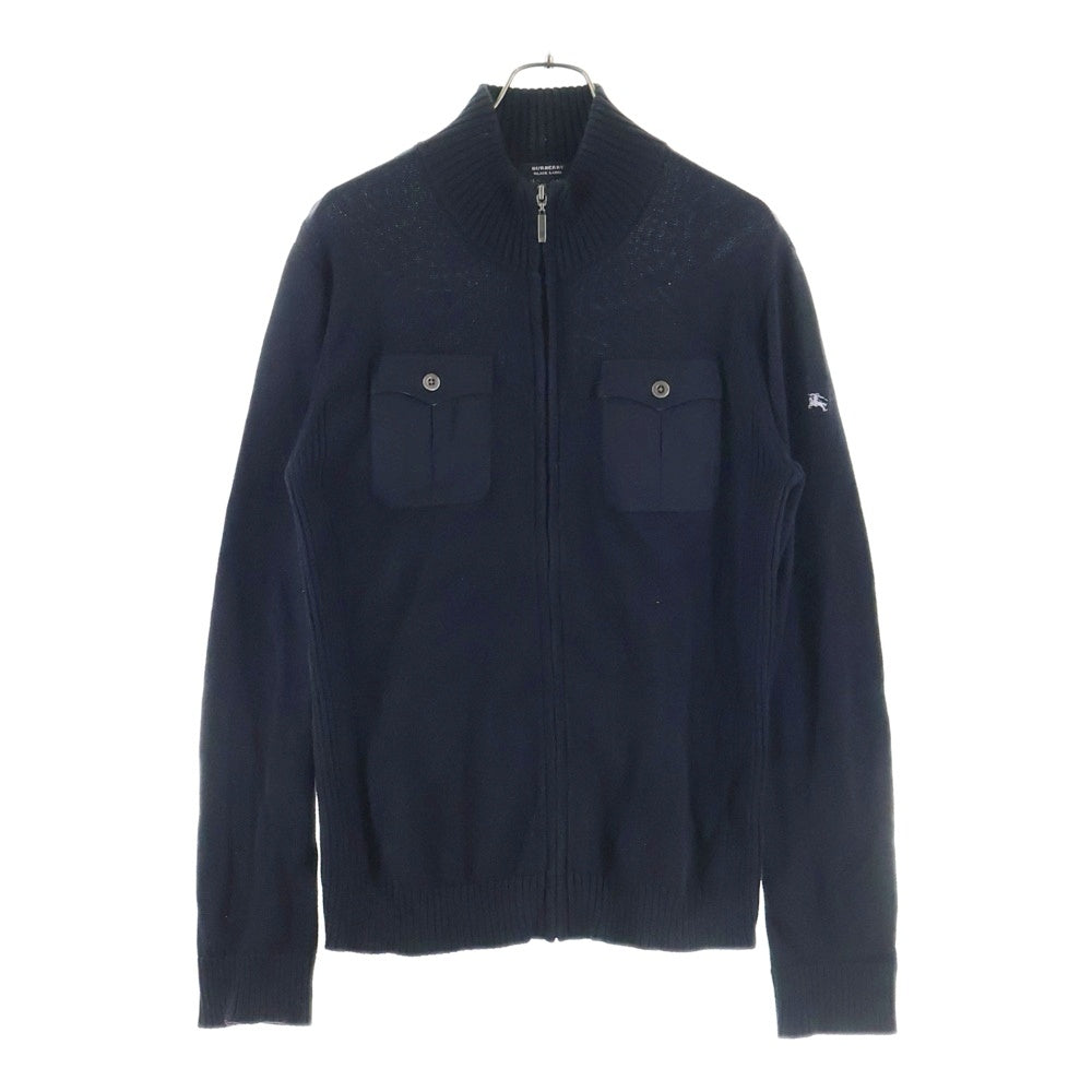 BURBERRY BLACK LABEL(バーバリー ブラックレーベル) ロゴエンブロイダリー ハイネック ジップアップ ニット セーター ブラック