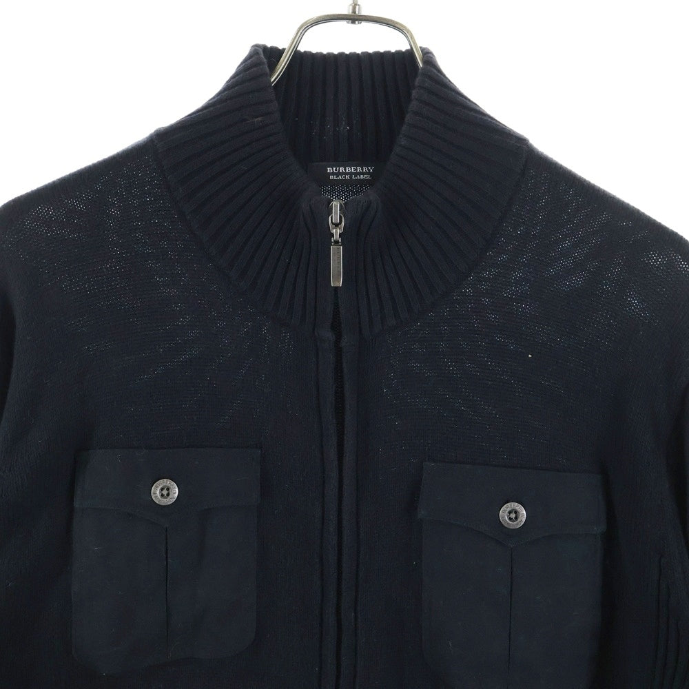 BURBERRY BLACK LABEL(バーバリー ブラックレーベル) ロゴエンブロイダリー ハイネック ジップアップ ニット セーター ブラック