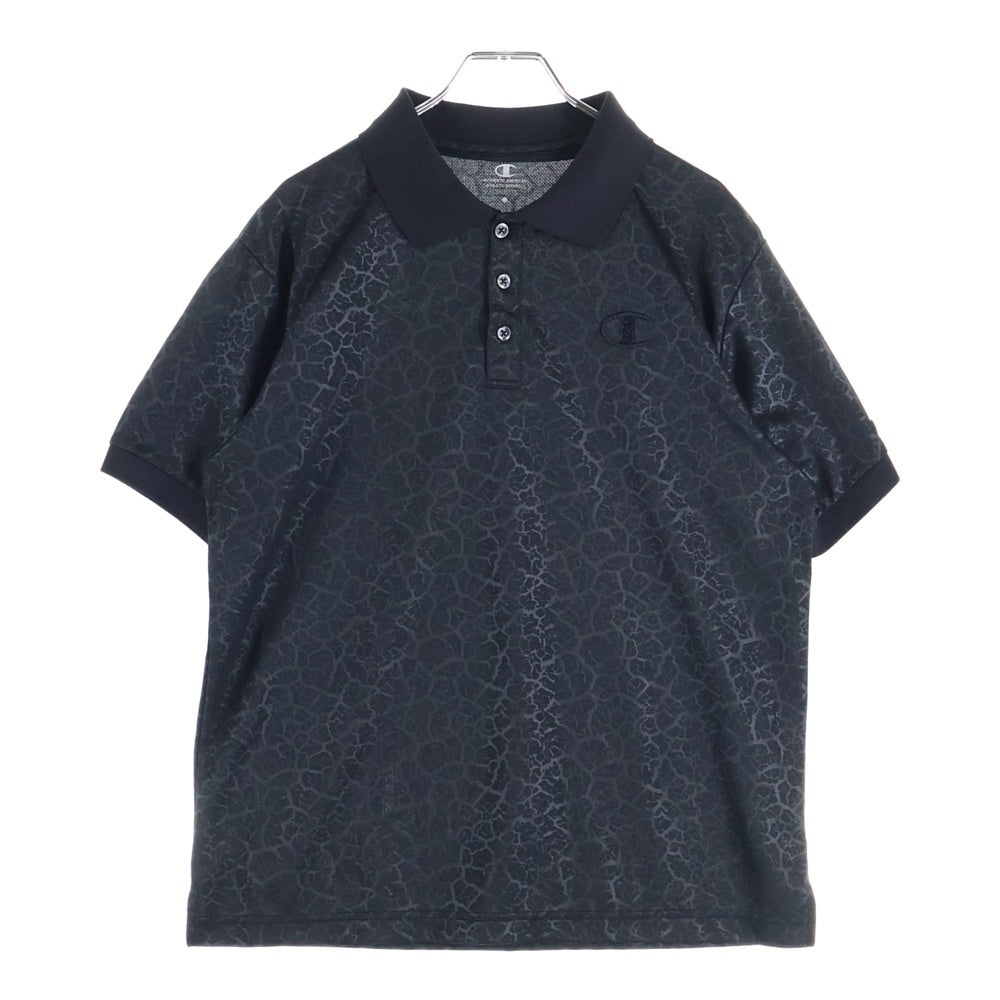 CHAMPION(チャンピオン) 総柄 フロントロゴエンブロイダリー 半袖 ポロシャツ ブラック