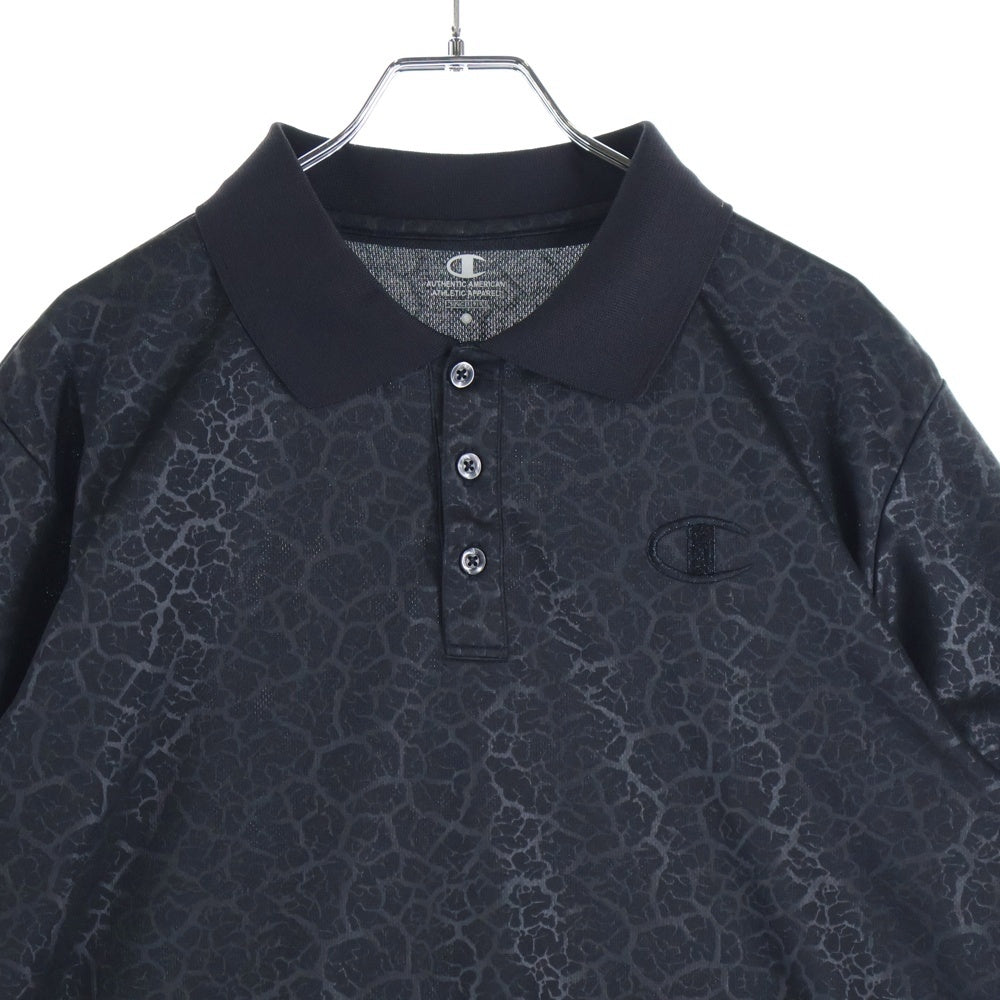 CHAMPION(チャンピオン) 総柄 フロントロゴエンブロイダリー 半袖 ポロシャツ ブラック