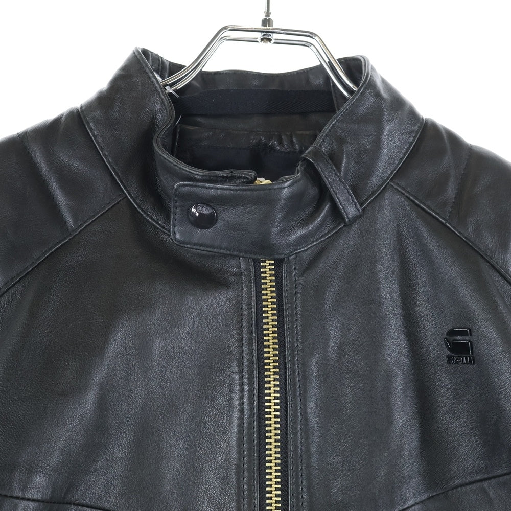 G-STAR RAW(ジースターロウ) 胸ロゴデザイン ダブルポケット ジップアップ レザー ライダースジャケット ブラック