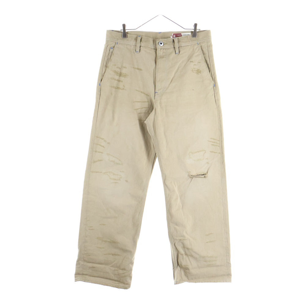 G-STAR RAW(ジースターロウ) ロゴデザインボタン ダメージ加工 マルチポケット ジップアップ デニムパンツ ベージュ