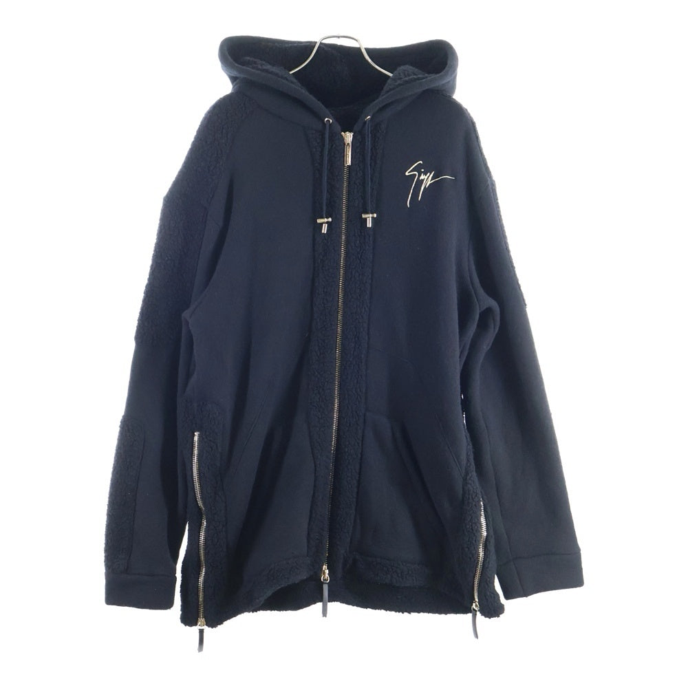 GIUSEPPE ZANOTTI(ジュゼッペ ザノッティ) フロントロゴ刺繍 ボア切り替え ジップアップスウェットパーカー フーディー ブラック