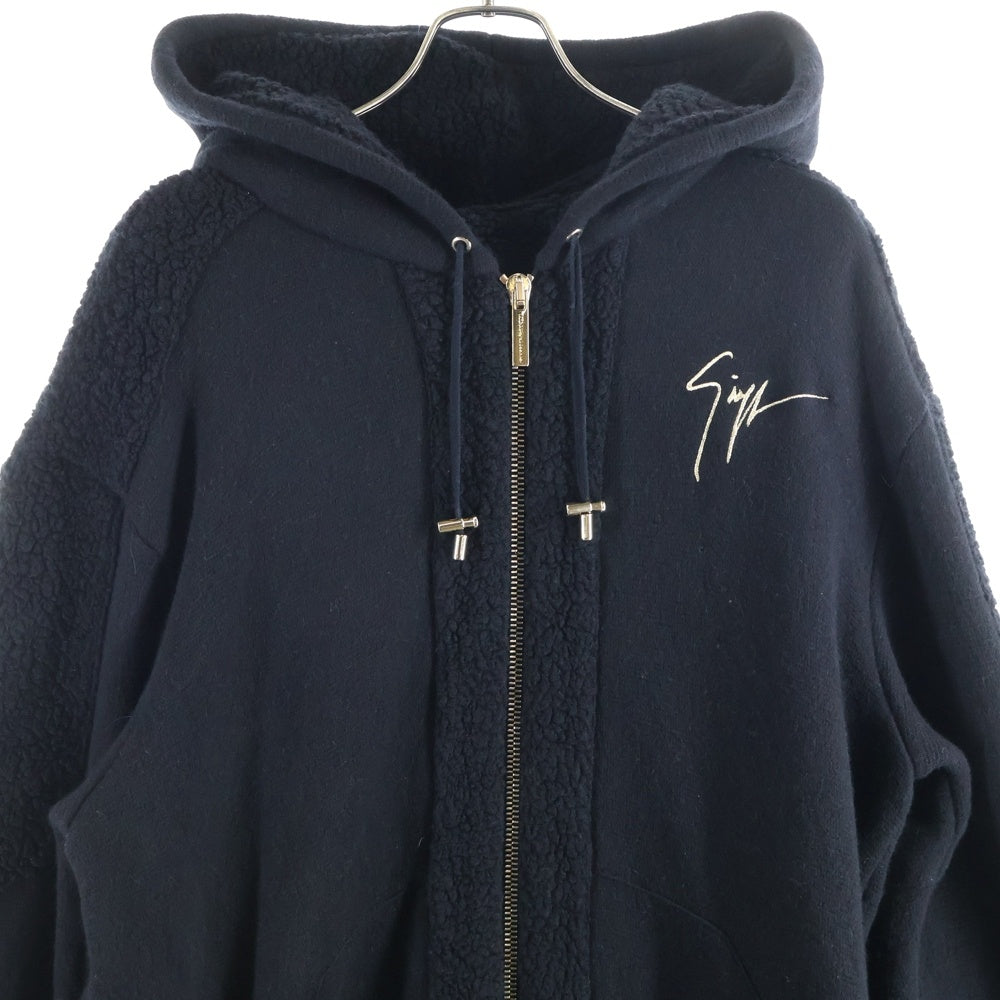 GIUSEPPE ZANOTTI(ジュゼッペ ザノッティ) フロントロゴ刺繍 ボア切り替え ジップアップスウェットパーカー フーディー ブラック