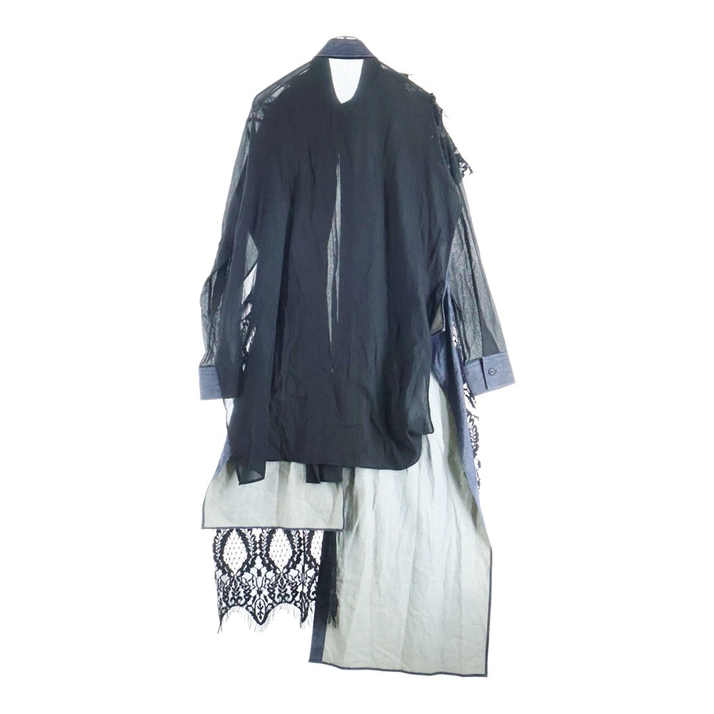 Yohji Yamamoto FEMME(ヨウジヤマモトファム) 22AW デニムレースコンビネーション ロングアシンメトリー コットン長袖シャツ ブラック/インディゴ FE-B15-822