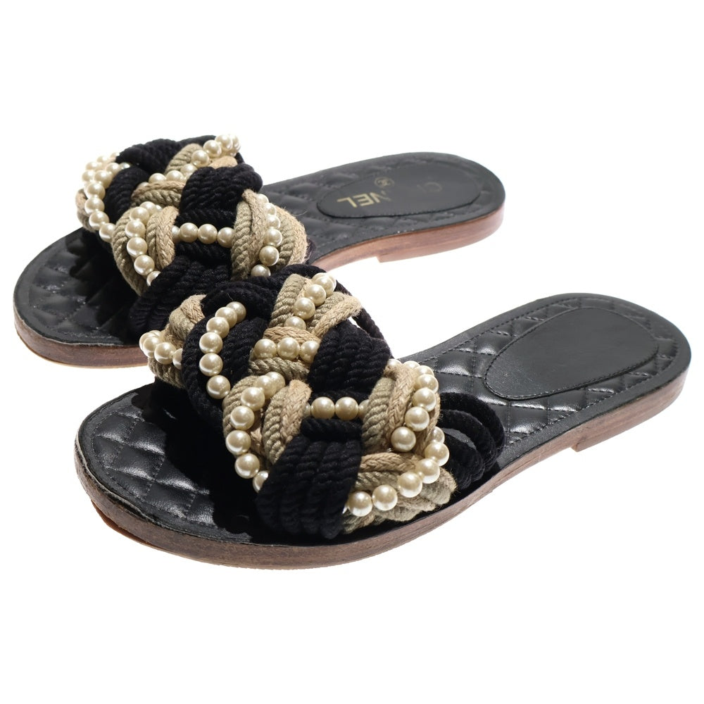 CHANEL(シャネル) ロープ フェイクパール マトラッセ フラットサンダル ブラック レディース