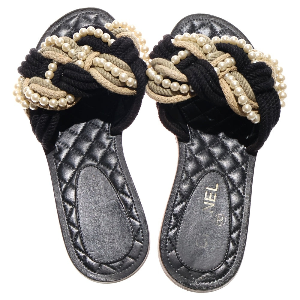 CHANEL(シャネル) ロープ フェイクパール マトラッセ フラットサンダル ブラック レディース